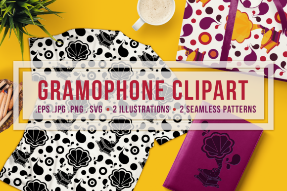 Retro Gramophone Clipart and Pattern for Crafts and Graphics